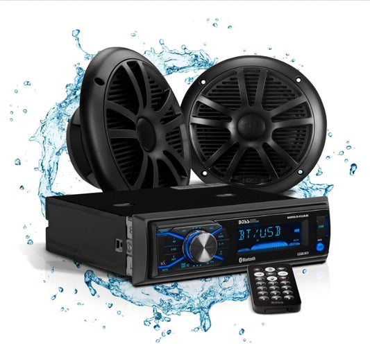 Boss Audio MCBK634B.6 Weatherproof Marine AM/FM Receiver Package with (2) 6.5" Speakers and Antenna with Bluetooth Connection